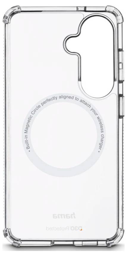 Doorzichtige telefoonhoes met een cirkelvormige MagSafe-ring en grote camerasniede, getoond vanaf de achterkant op een witte achtergrond.