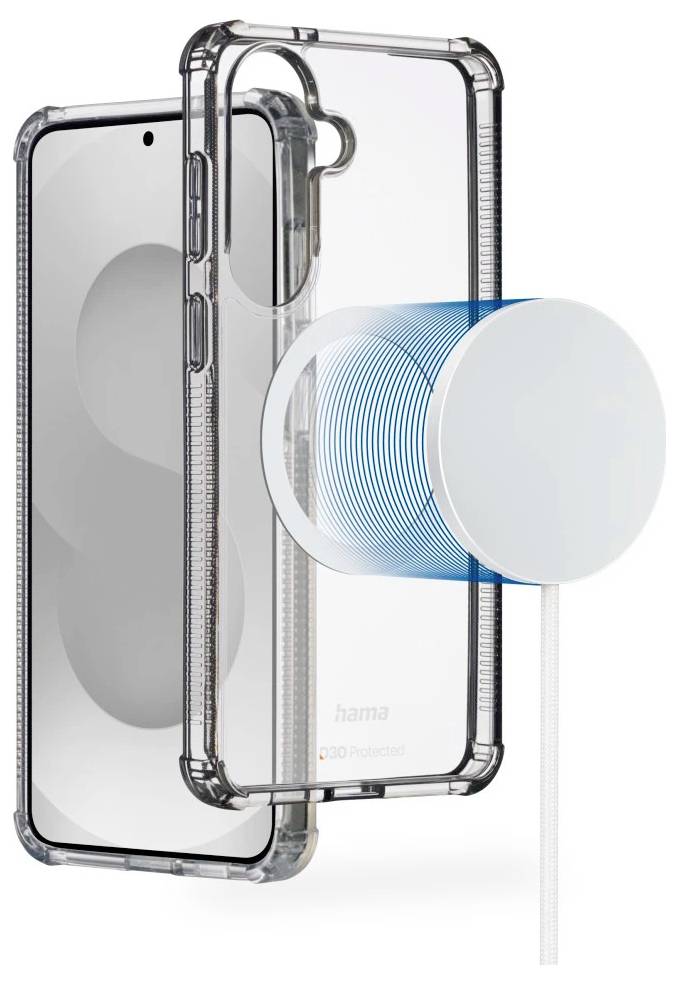 Transparante telefoonhoes met een ronde MagSafe-achtige draadloze lader bevestigd aan de achterkant van een smartphone.