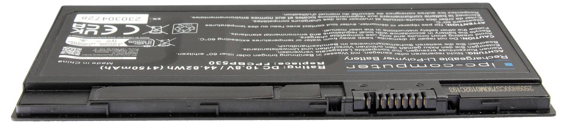 Batterijpack voor laptop met het label 'ICP-S303' met certificeringsmarkeringen en een zwarte rechthoekige behuizing met aansluitcontacten.