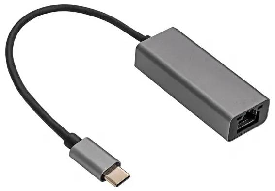 USB-C naar Ethernet-adapterkabel met een compacte grijze adapterdoos en Ethernet-poort, weergegeven op een witte achtergrond.