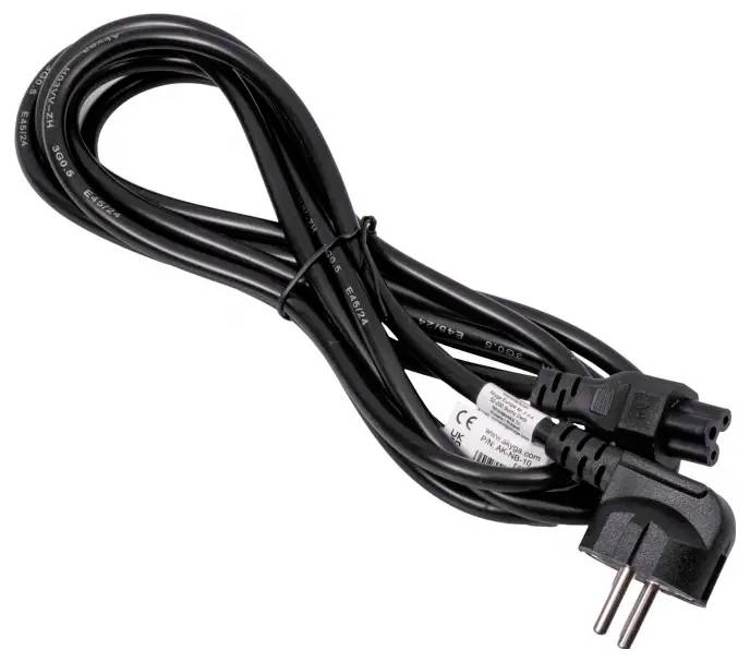 Zwart netsnoer met Europese tweepolige stekker en IEC-apparaatconnector, opgerold op witte achtergrond.
