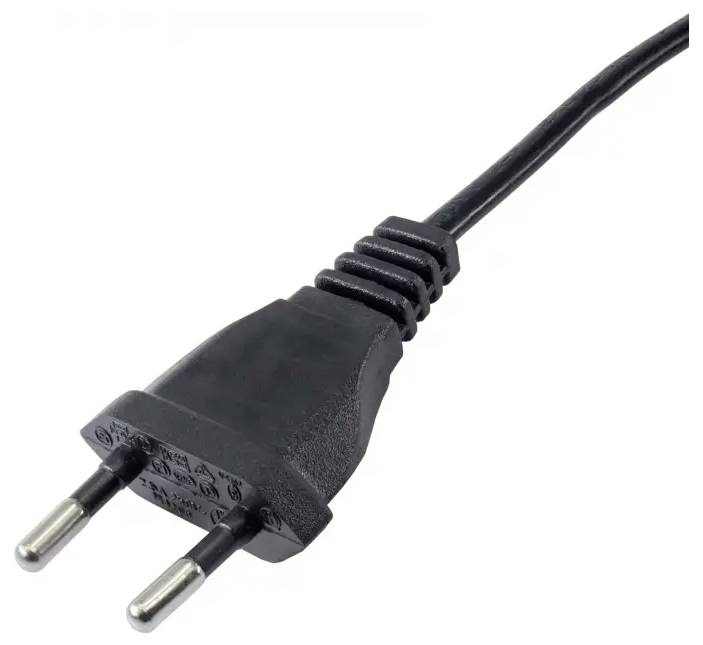 Zwarte twee-pins elektrosteker met aangehecht snoer op een witte achtergrond.