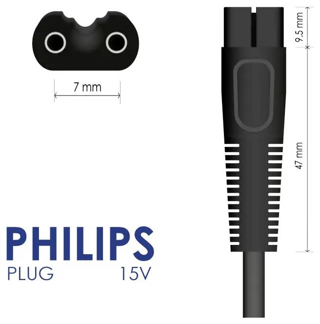 Philips 15V stekkerconnector weergegeven met afmetingen: 7 mm breed, 9,5 mm bovensectie, 47 mm behuizing.