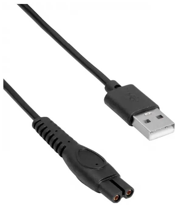 Zwarte USB-oplaadkabel met een USB-A stekker aan het ene uiteinde en een tweepolige connector aan het andere uiteinde.