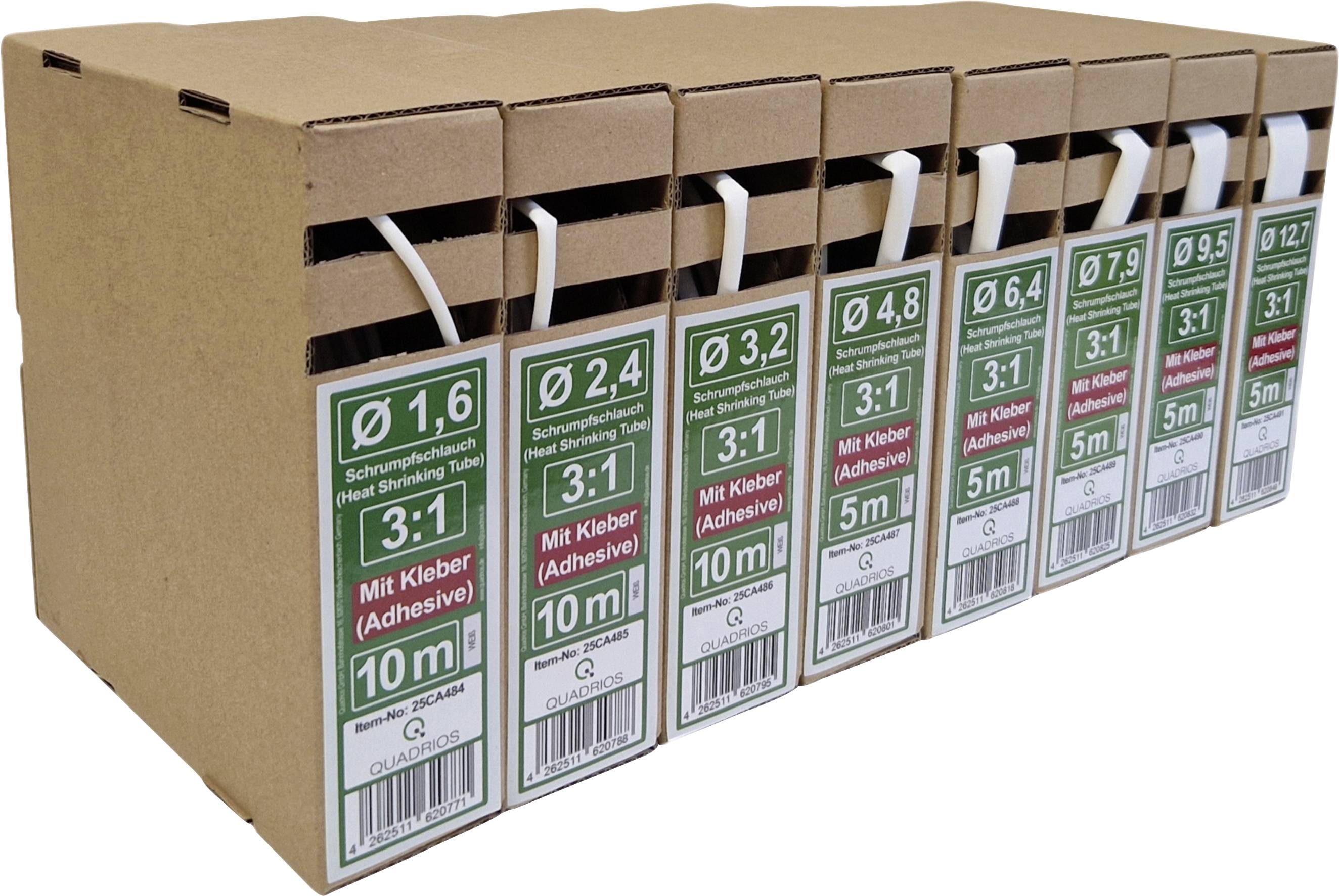 Kartonnen displaydoos met meerdere verpakte schroefklemmen, elk voorzien van labels met grootte- en belastingsdetails zoals '3:1', 'Met Lijm (Lijmstof)' en lengtes zoals '5m' en '10m'.