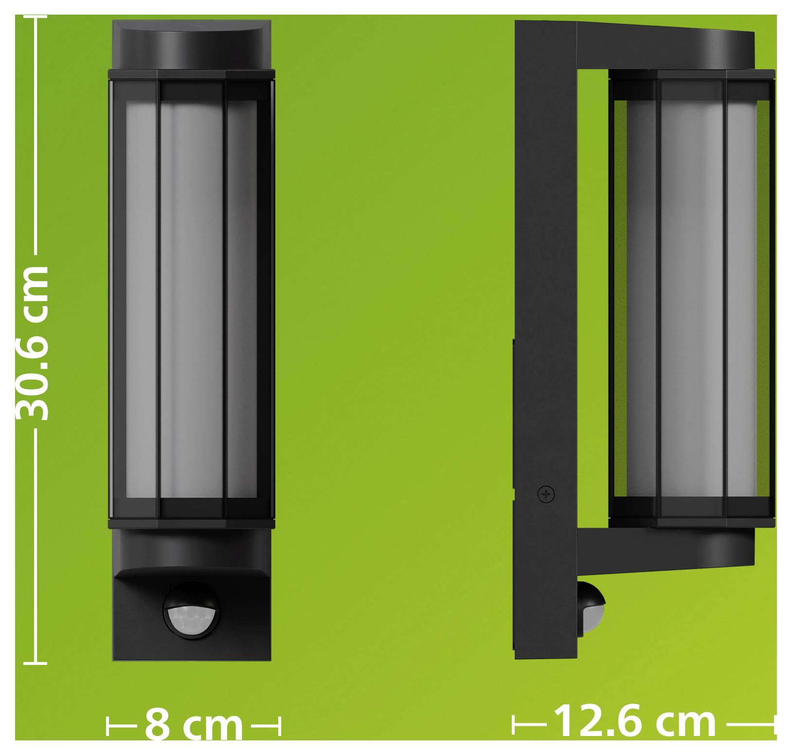 Zwarte wandlamp weergegeven in voor- en zijaanzicht op groene achtergrond, gelabeld 30,6 cm hoog, 8 cm breed en 12,6 cm diep.