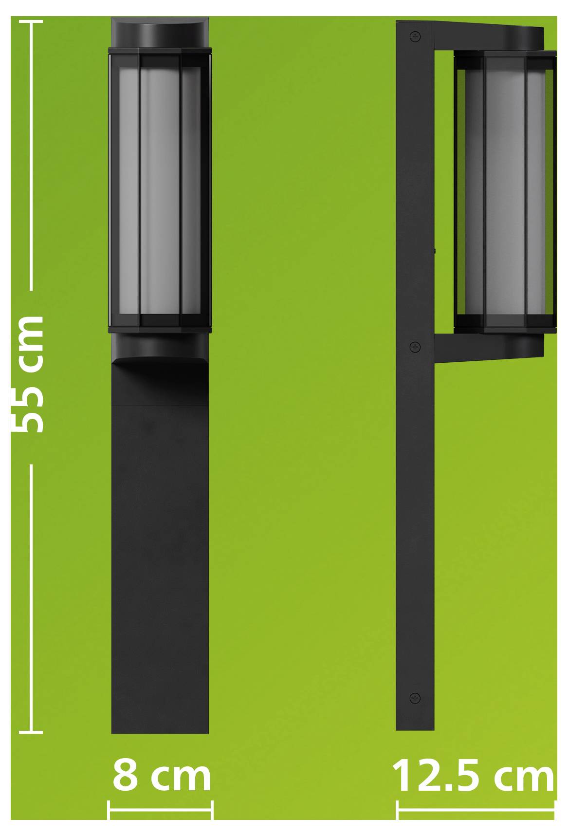 Productafmetingendiagram van een zwarte wandlamp: 55 cm hoog, 8 cm breed en 12,5 cm diep op een groene achtergrond.