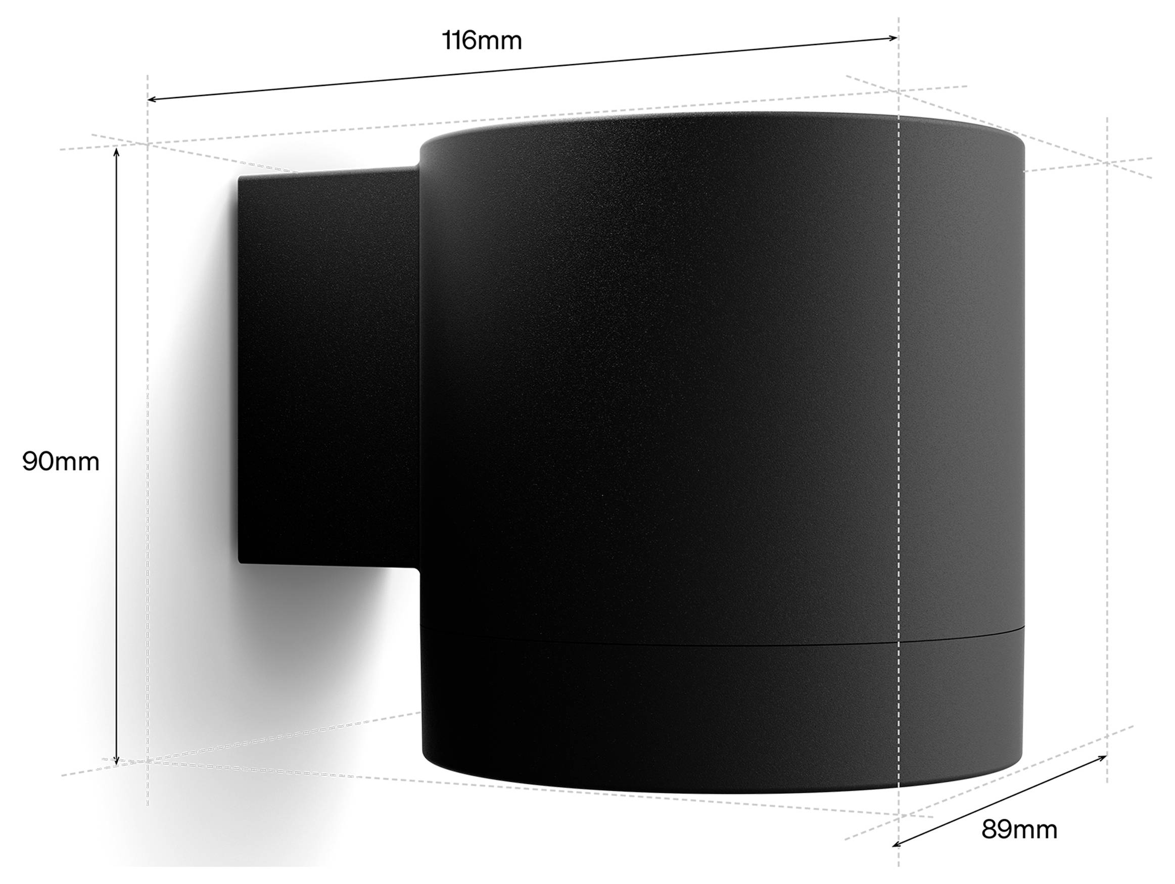 Zwart cilindrisch aan de muur gemonteerd lichtarmatuur weergegeven in perspectief met gelabelde afmetingen van 116 mm breed, 90 mm hoog en 89 mm diep.