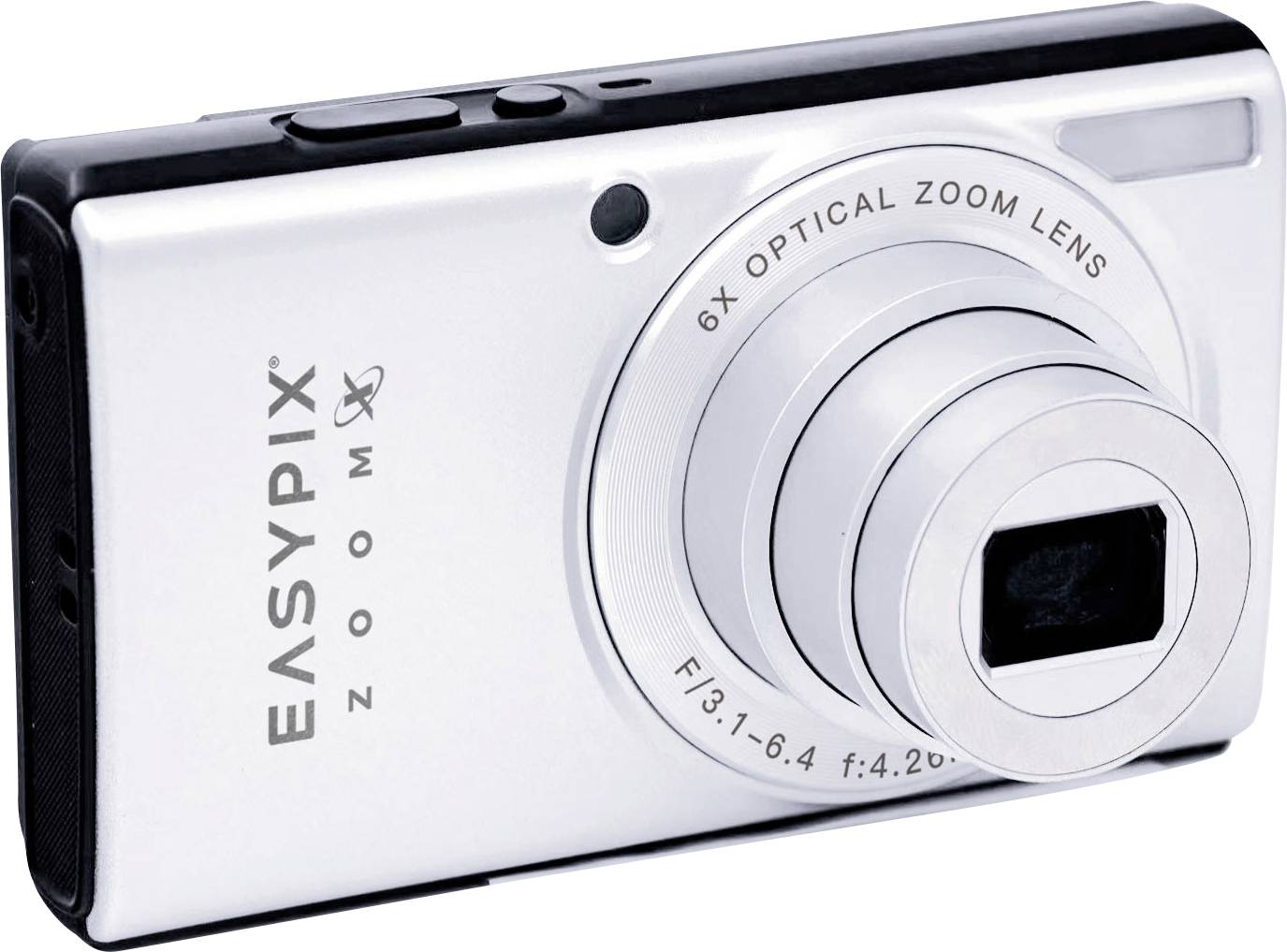 Zilveren EasyPix digitale camera met uitgebreide zoomlens, weergegeven in een vooraanzicht van links op een witte achtergrond.