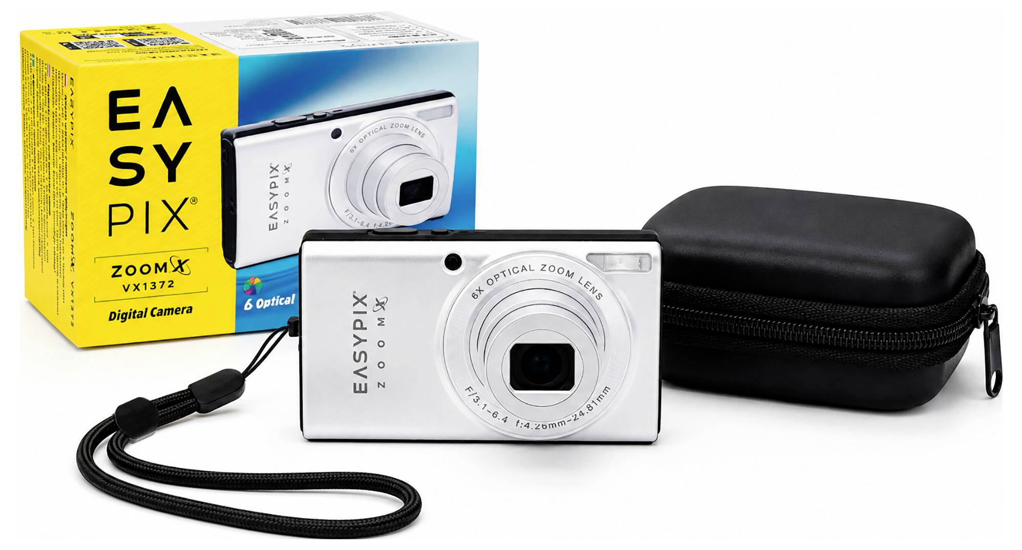 Witte EasyPix ZoomX digitale camera met polsband en zwarte draagtas, afgebeeld met zijn gele productdoos.