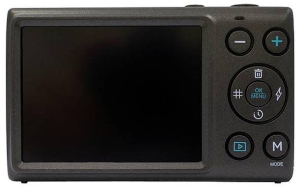Achteraanzicht van een compacte digitale camera met een leeg scherm en bedieningsknoppen voor zoom, menu, afspelen en modus.