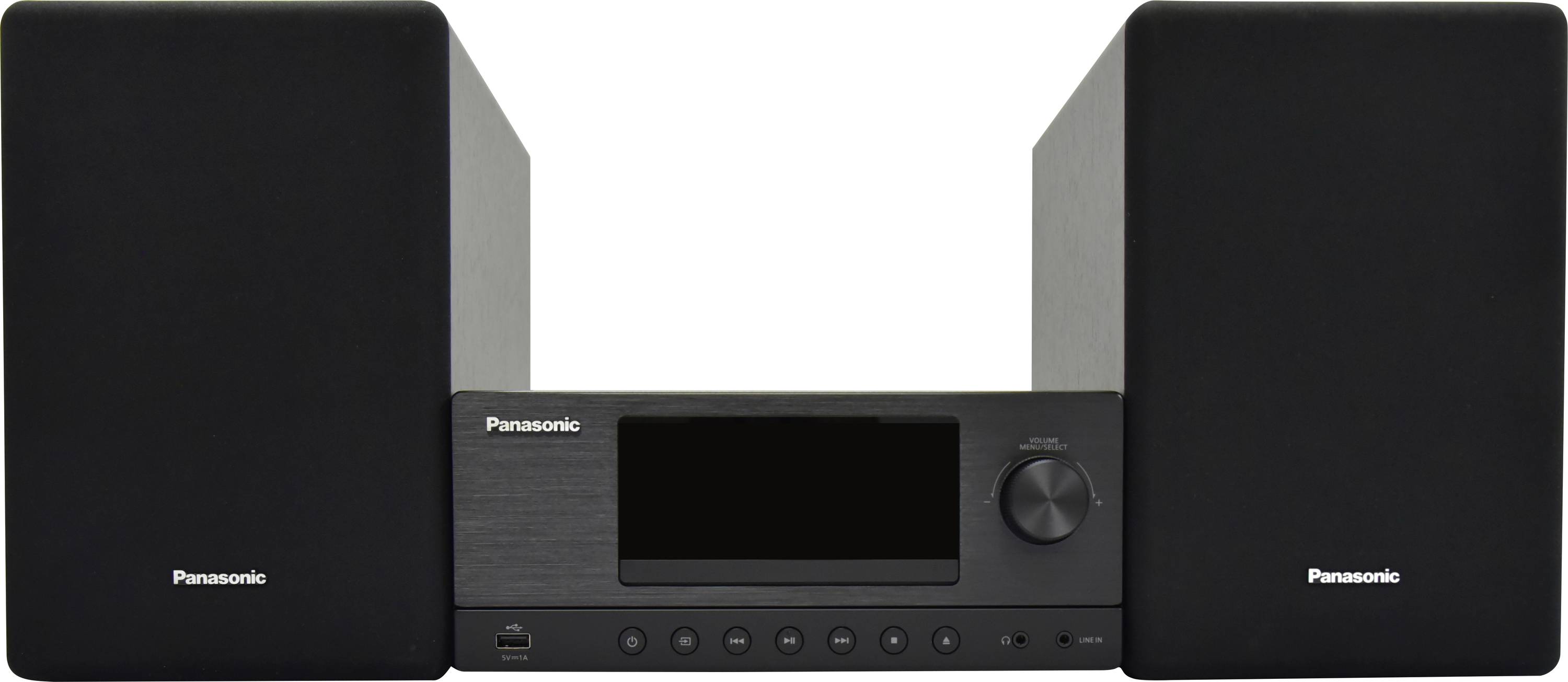 Panasonic-stereosysteem met twee grote zwarte luidsprekers en een centraal bedieningspaneel met display en volumeregelaar.