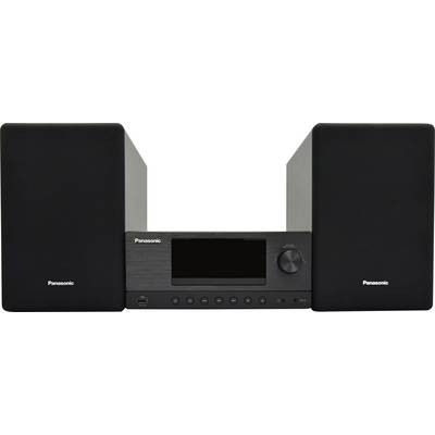 Panasonic-stereosysteem met twee grote zwarte luidsprekers en een centraal bedieningspaneel met display en volumeregelaar.