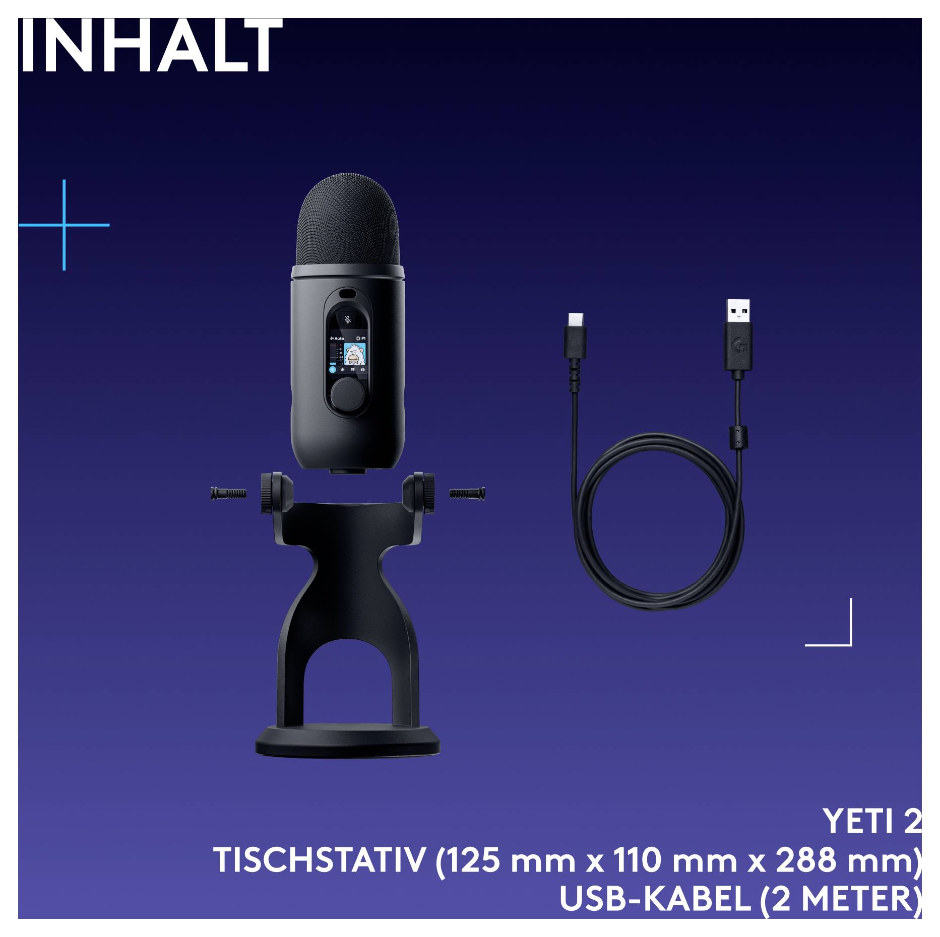 Productinhoud afbeelding met een microfoon op een tafeltandaard, plus een 2-meter USB-C naar USB-A kabel.