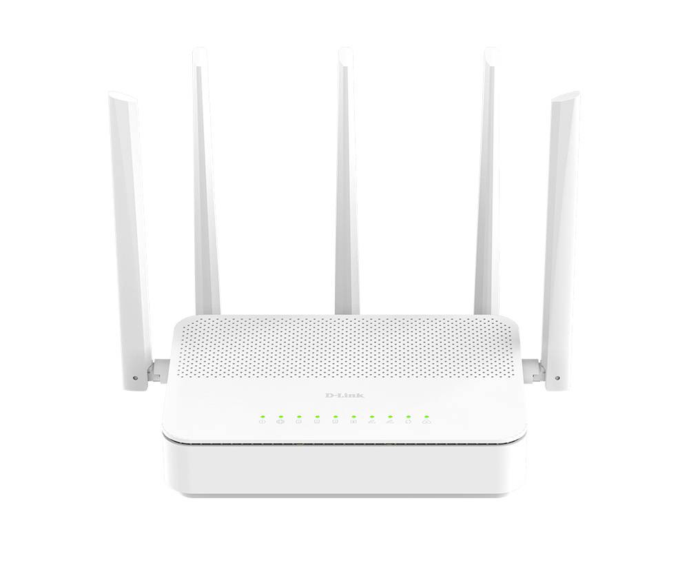 Witte Wi-Fi router met zes externe antennes en groene statuslampjes aan de voorkant.