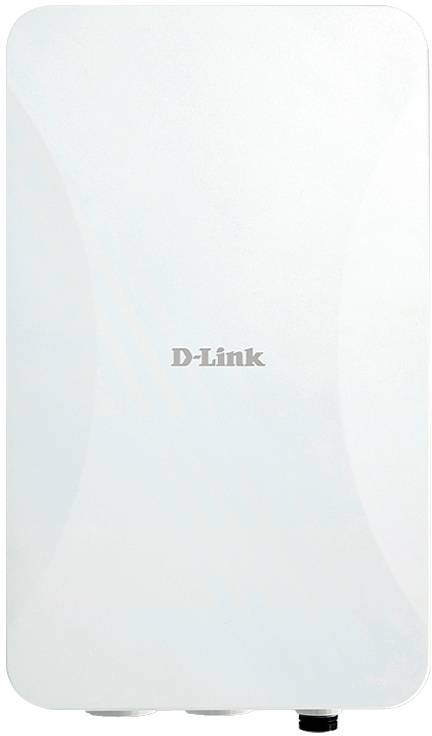 Witte D-Link wandgemonteerde netwerkapparaat met een gladde voorkant en logo gecentreerd in het midden.