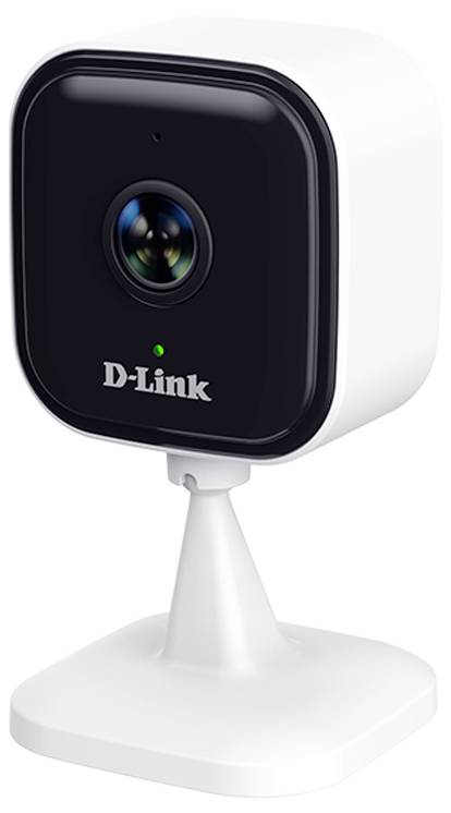 D-Link draadloze beveiligingscamera met een zwart frontlensje gemonteerd op een wit standaard.