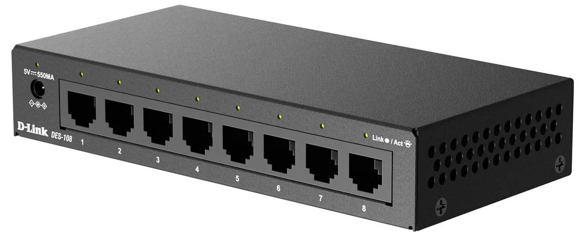 Zwarte D-Link 8-poorts Ethernet-switch met aan de voorkant statusleds en genummerde poorten 1–8 op een eenvoudige achtergrond.