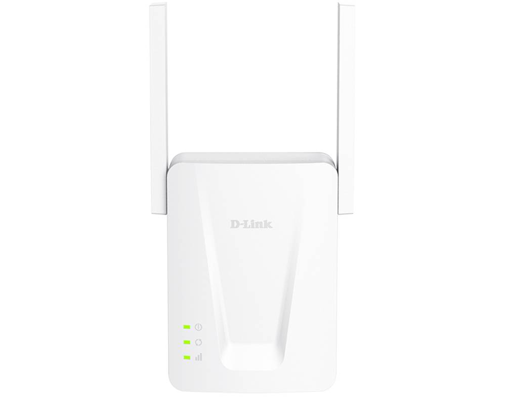 Witte D-Link Wi-Fi-bereikvergroting met twee antennes en drie groene statuslampjes op een neutrale achtergrond