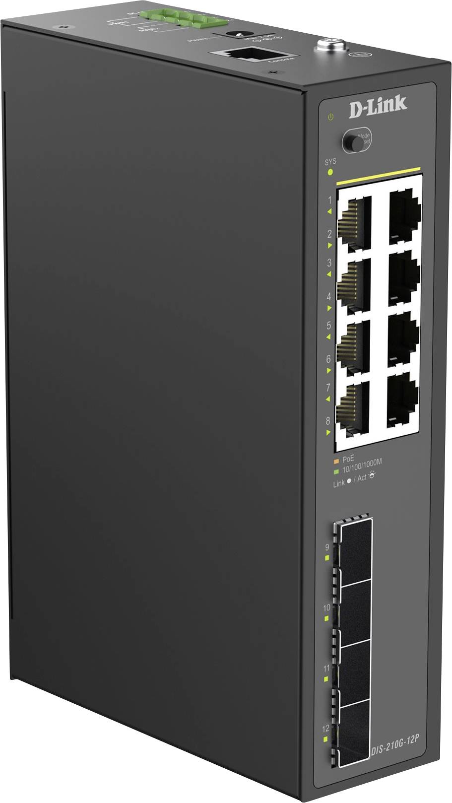 D-Link industriële netwerkswitch met acht Ethernet-poorten, status-LED's en vier kleine expansiepoorten op een zwart metalen behuizing.