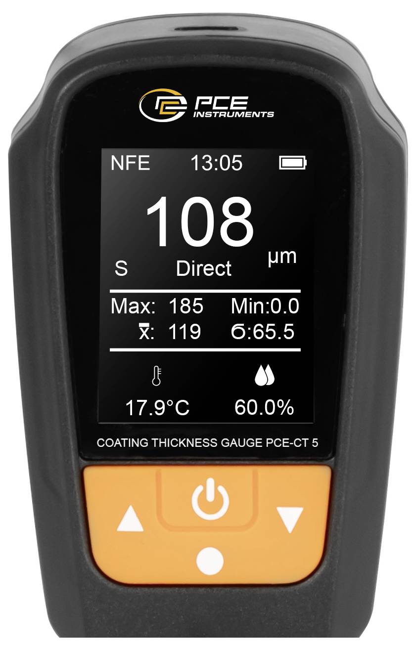 Handheld laagdiktmeter die 108 µm weergeeft in directe modus, met max 185, min 0,0, gemiddelde 119, en temperatuur 17,9°C, luchtvochtigheid 60,0%.