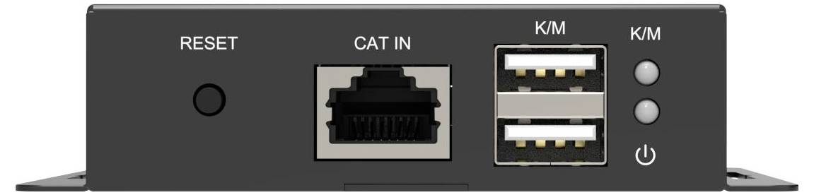 Close-up van het frontpaneel van een netwerkapparaat met een resetknop, een CAT IN-poort, twee K/M USB-poorten en power-/statuslampen.