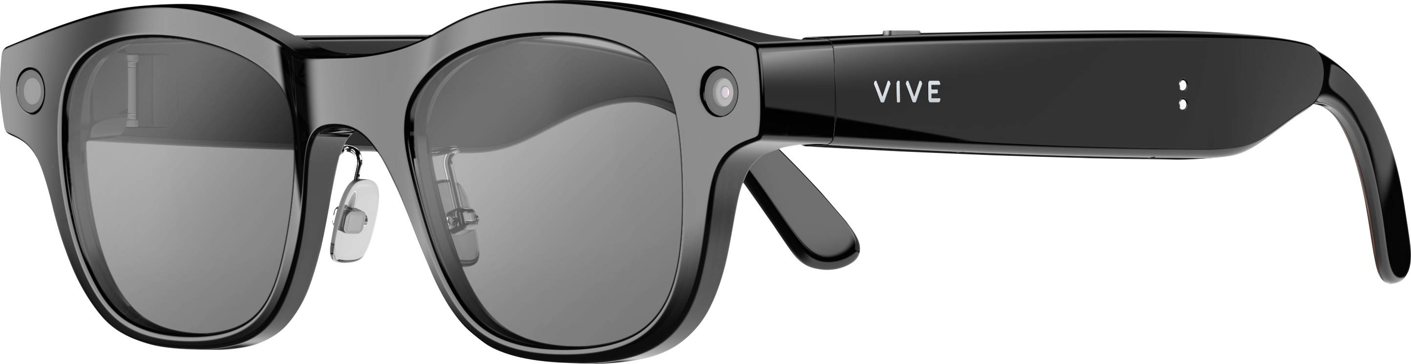Zwarte VIVE slimme bril met donkere glazen, dikke rechthoekige frames en geïntegreerde zijarm, weergegeven in zijaanzicht op een witte achtergrond.