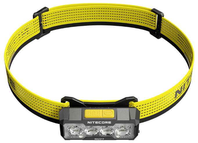 Geel verstelbaar hoofdlampbandje met voorkant gemonteerde Nitecore-verlichtingseenheid en drie LED's.