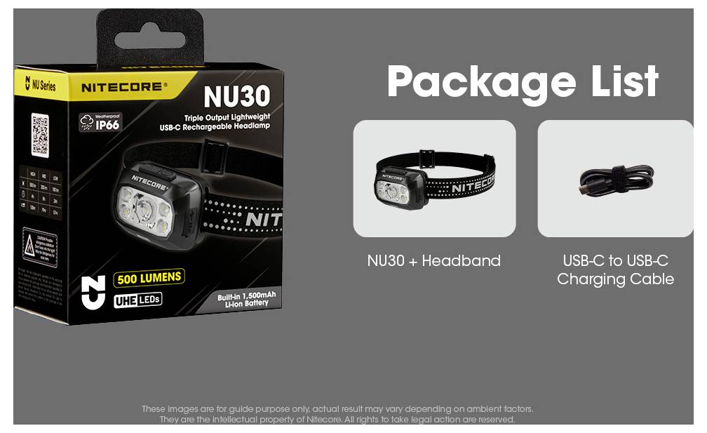 NITECORE NU30 koppelamppakket bevat de koplamp en een USB-C naar USB-C oplaadkabel