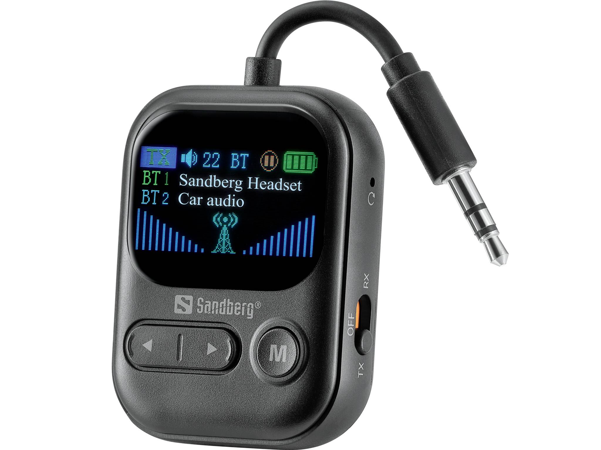 Bluetooth audio-zender met display met BT1 Sandberg-koptelefoon en BT2 Auto-audio, batterijniveau en een aangesloten 3,5 mm-stekker.