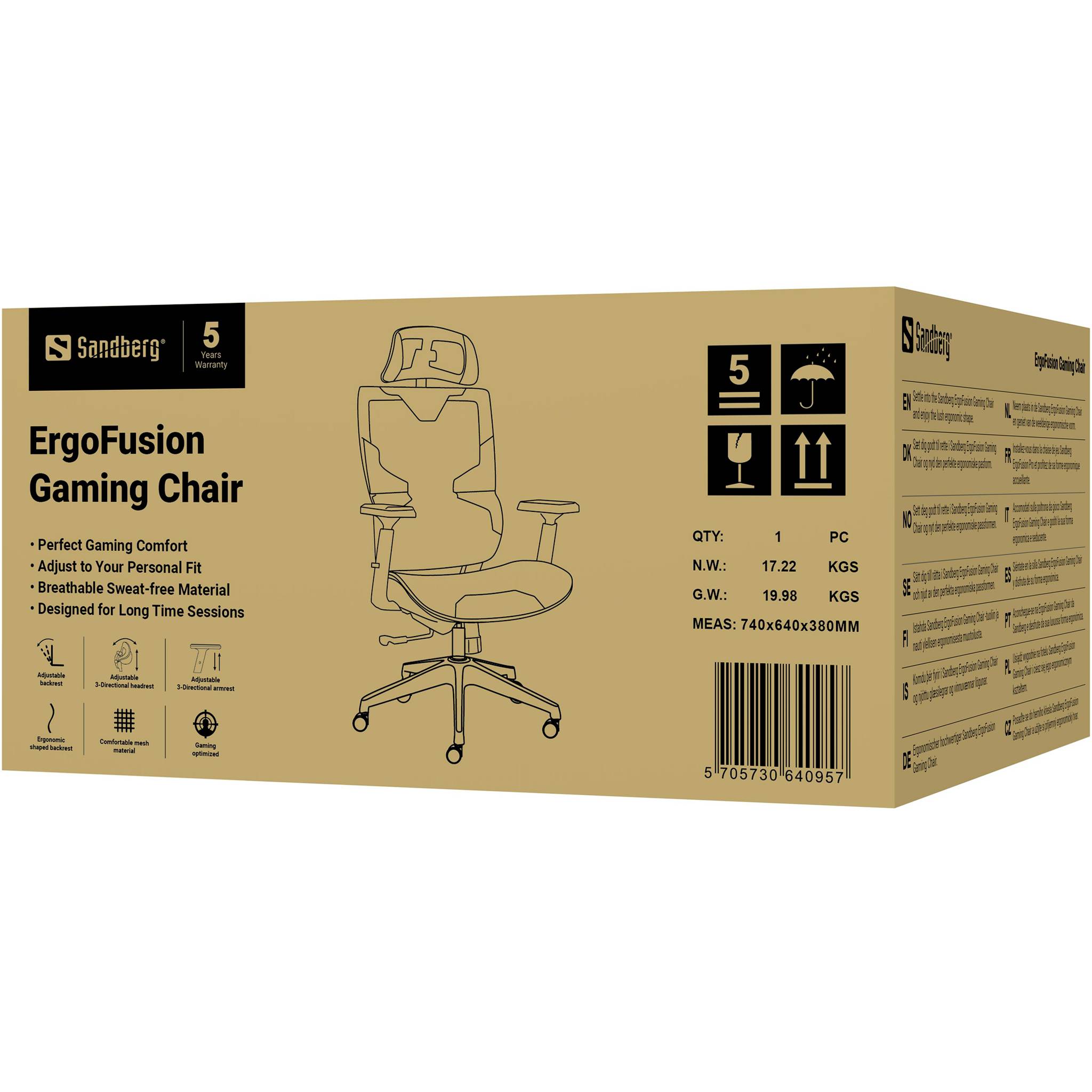 Sandberg ErgoFusion Gaming Chair doos verpakking met productafbeelding, eigenschappen, verwerkingspictogrammen, gewicht en streepjescode afgedrukt op de karton.