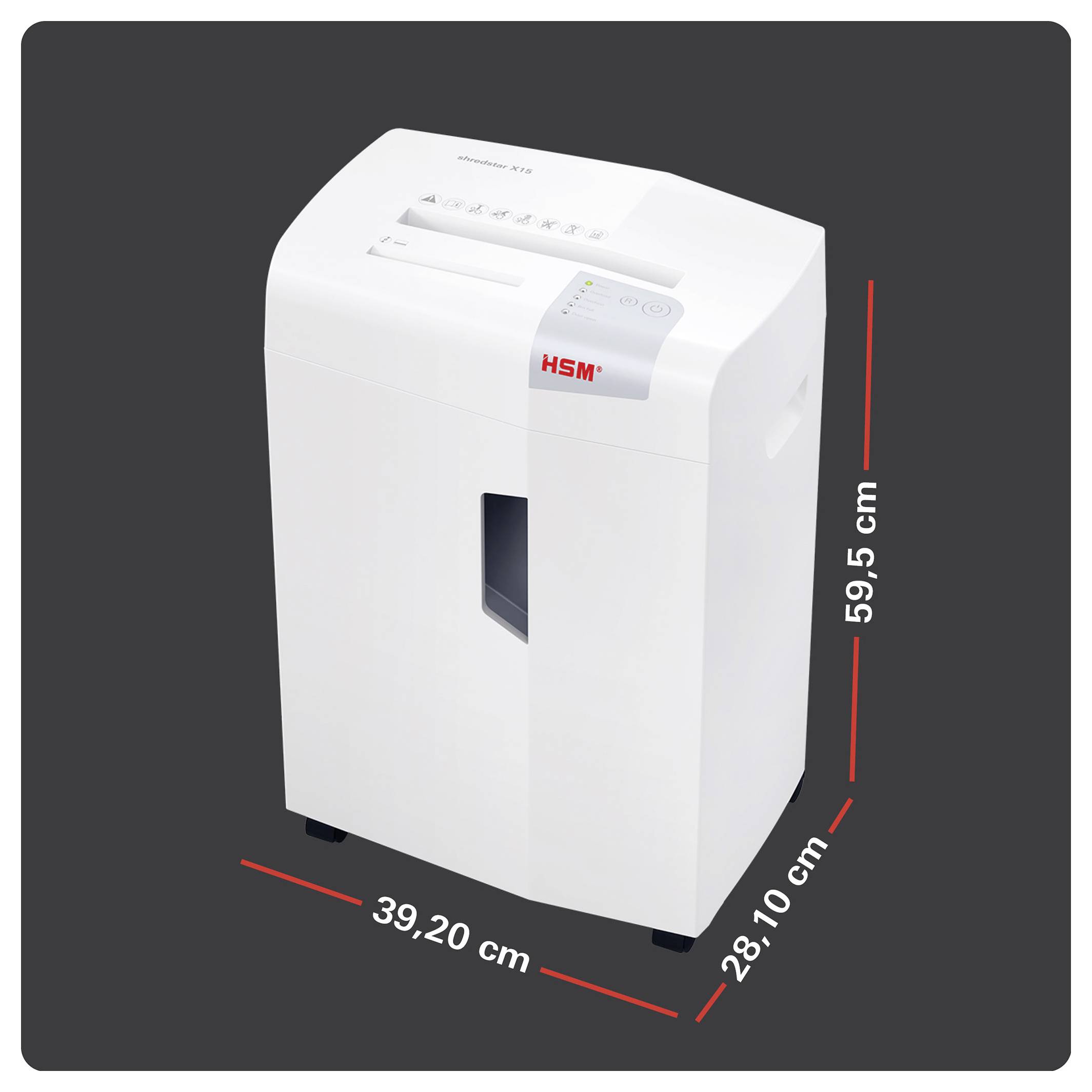 Witte HSM papiervernietiger weergegeven met afmetingen: 59,5 cm hoog, 39,2 cm breed en 28,1 cm diep.