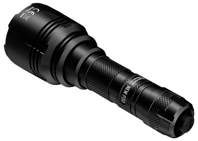 Zwarte handheld zaklamp met gestructureerde greep en breed hoofd, weergegeven op een witte achtergrond.