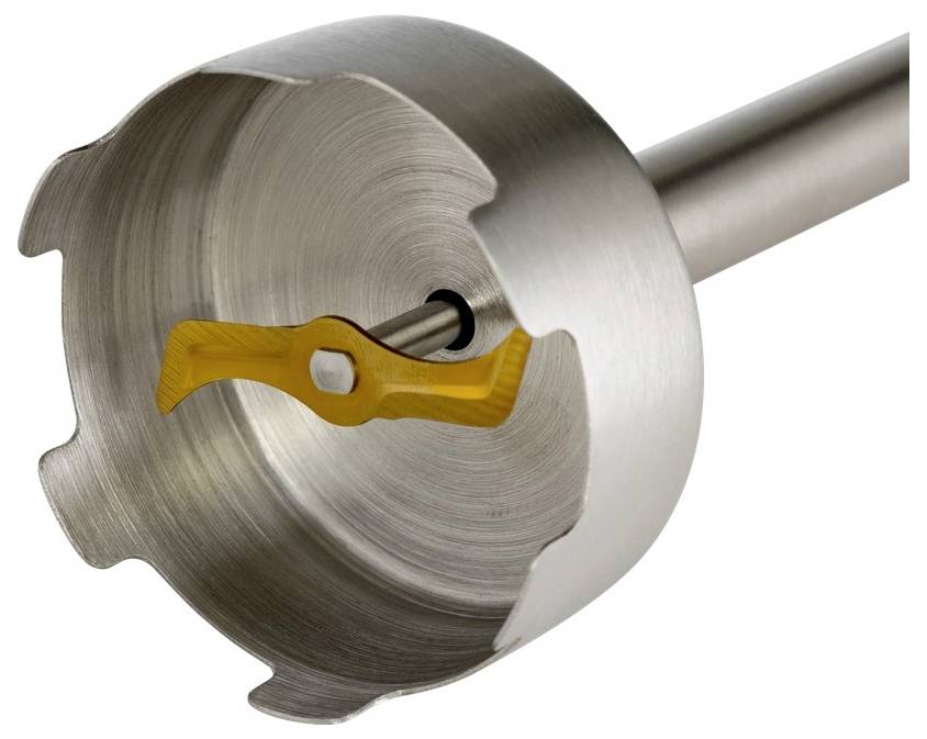 Close-up van een metalen cilindrisch gereedschap met een zijstang en gele inzet in een centrale opening, getoond op een witte achtergrond.