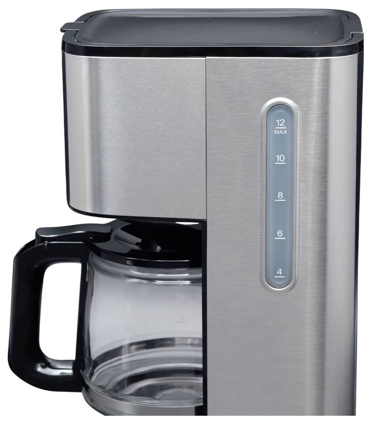 Roestvrijstalen druppelkoffiezetapparaat met glazen kan op een zwarte handvat, voorkant waterstandsvenster gemarkeerd 4 tot 12 kopjes.