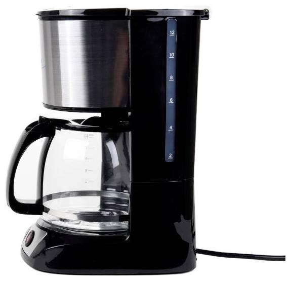 Zwarte druppelkoffiemachine met glazen kan, waterreservoir en indicator voor 12 kopjes op een witte achtergrond.