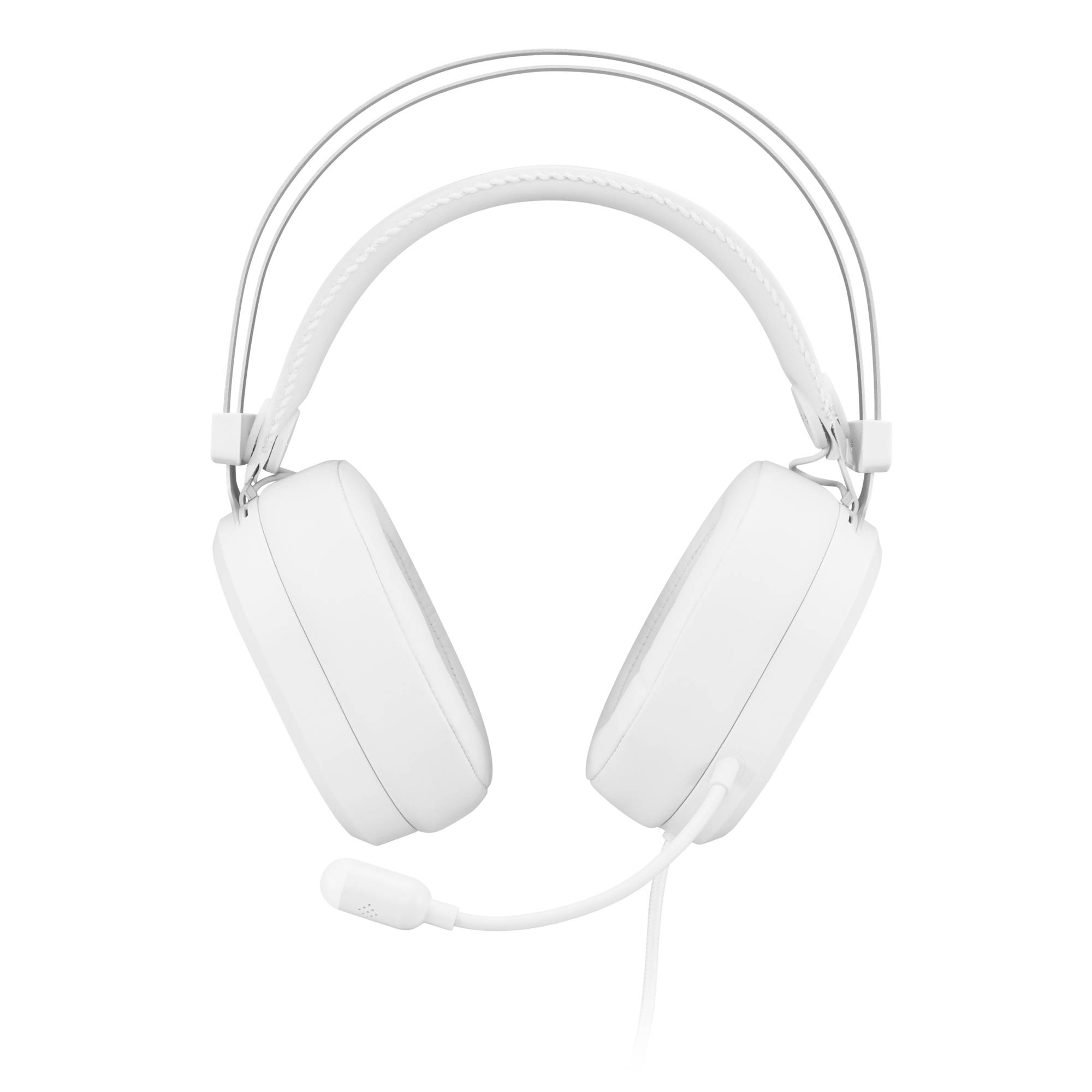 Witte oorklaptelefoon met aangebouwde boommicrofoon op een eenvoudige achtergrond.