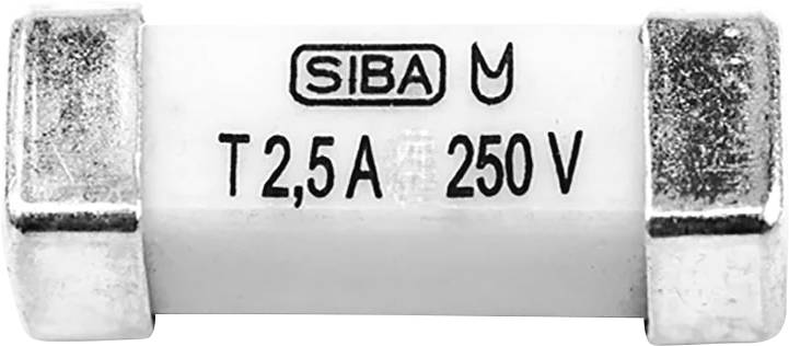 Keramische patroonzekering geëtiketteerd 'SIBA T2,5A 250V' met metalen eindkappen.
