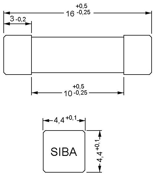 Technische tekening van een rechthoekig onderdeel met het label 'SIBA' met afmetingen 16, 10, 3, en 4,4 mm, inclusief toleranties.