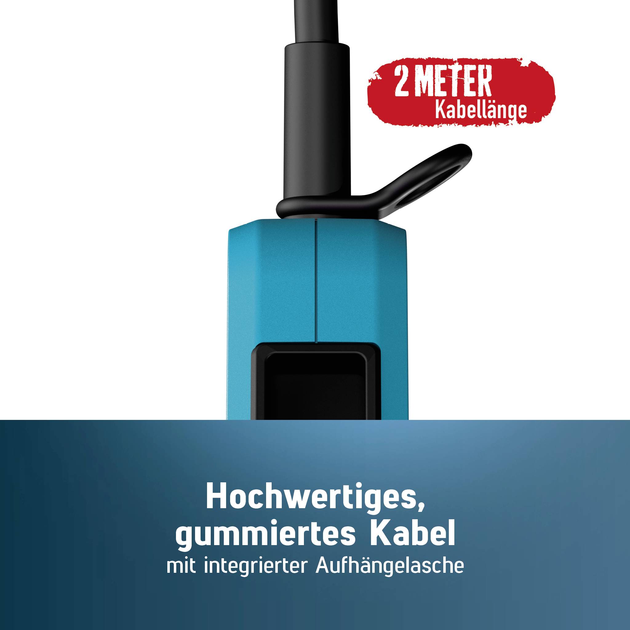 Blauw apparaat met zwarte kabel en ophangslus; tekst luidt '2 METER Kabellengte' en 'Hoogwaardig, gummeerd kabel met geïntegreerde ophanglusje'.