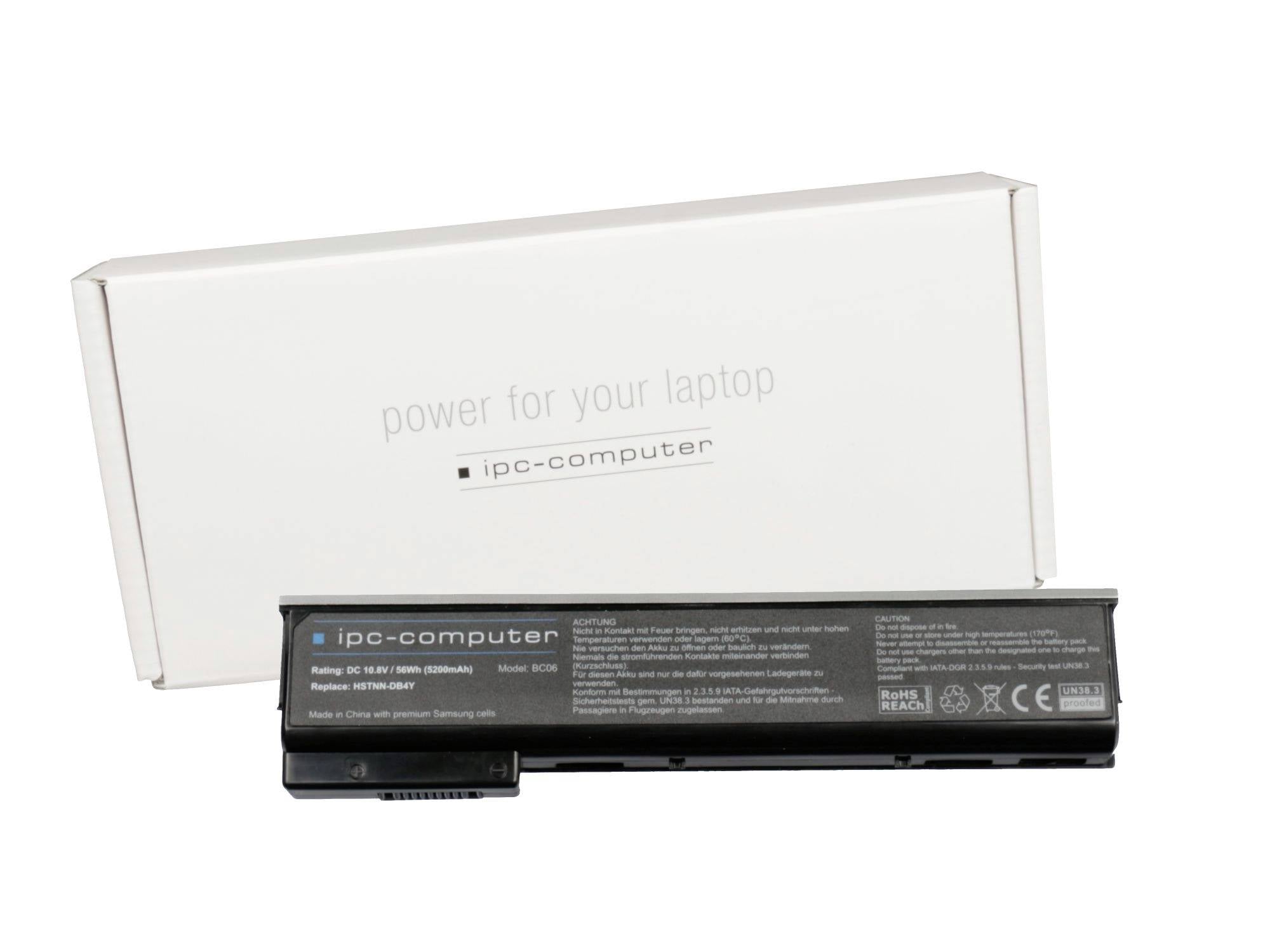 Laptopbatterijpakket voor een witte 'Stroom voor uw laptop'-doos met het label 'ipc-computer'.