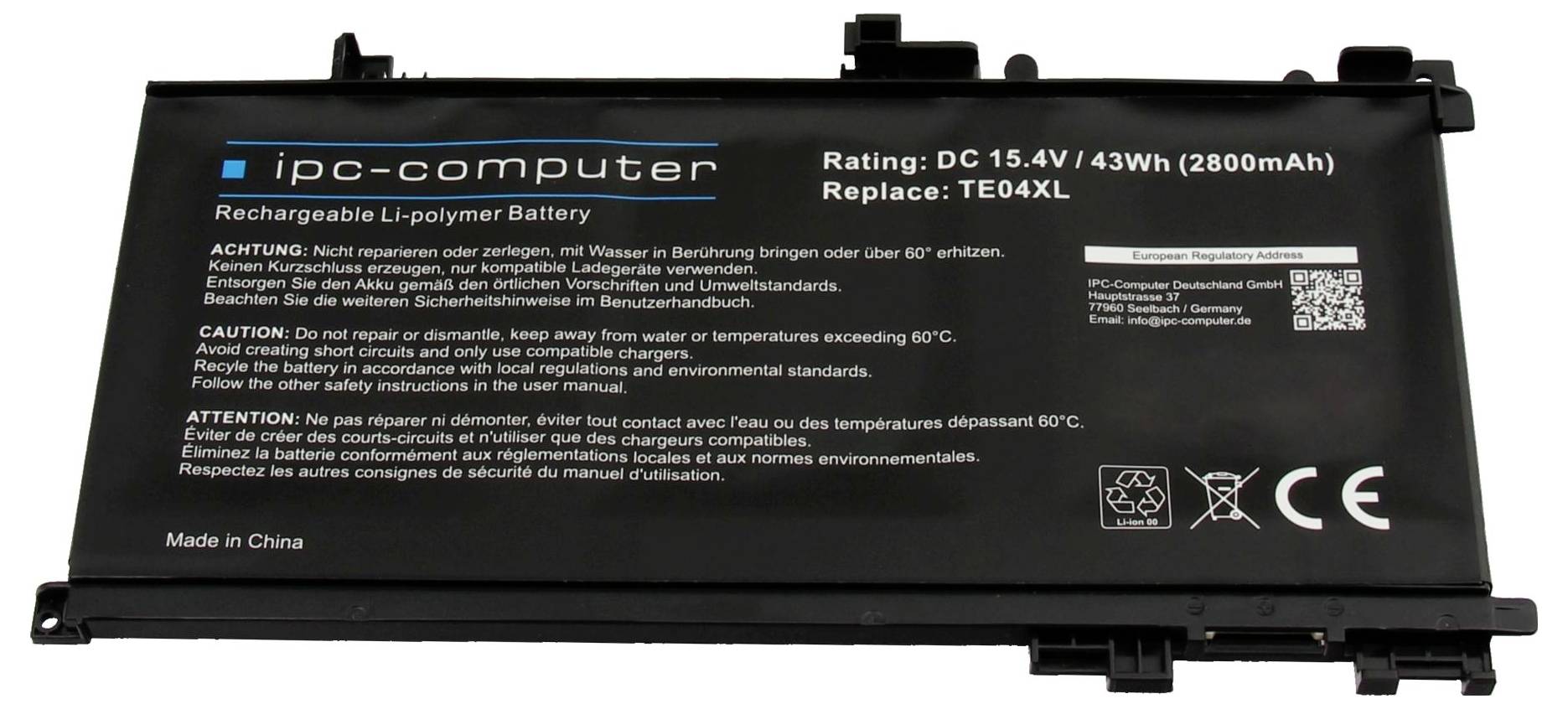 Zwarte IPC-computer oplaadbare Li-polymeer accu's gelabeld 'Rating: DC 15.4V / 43Wh (2800mAh)' en 'Replace: TE04XL'.