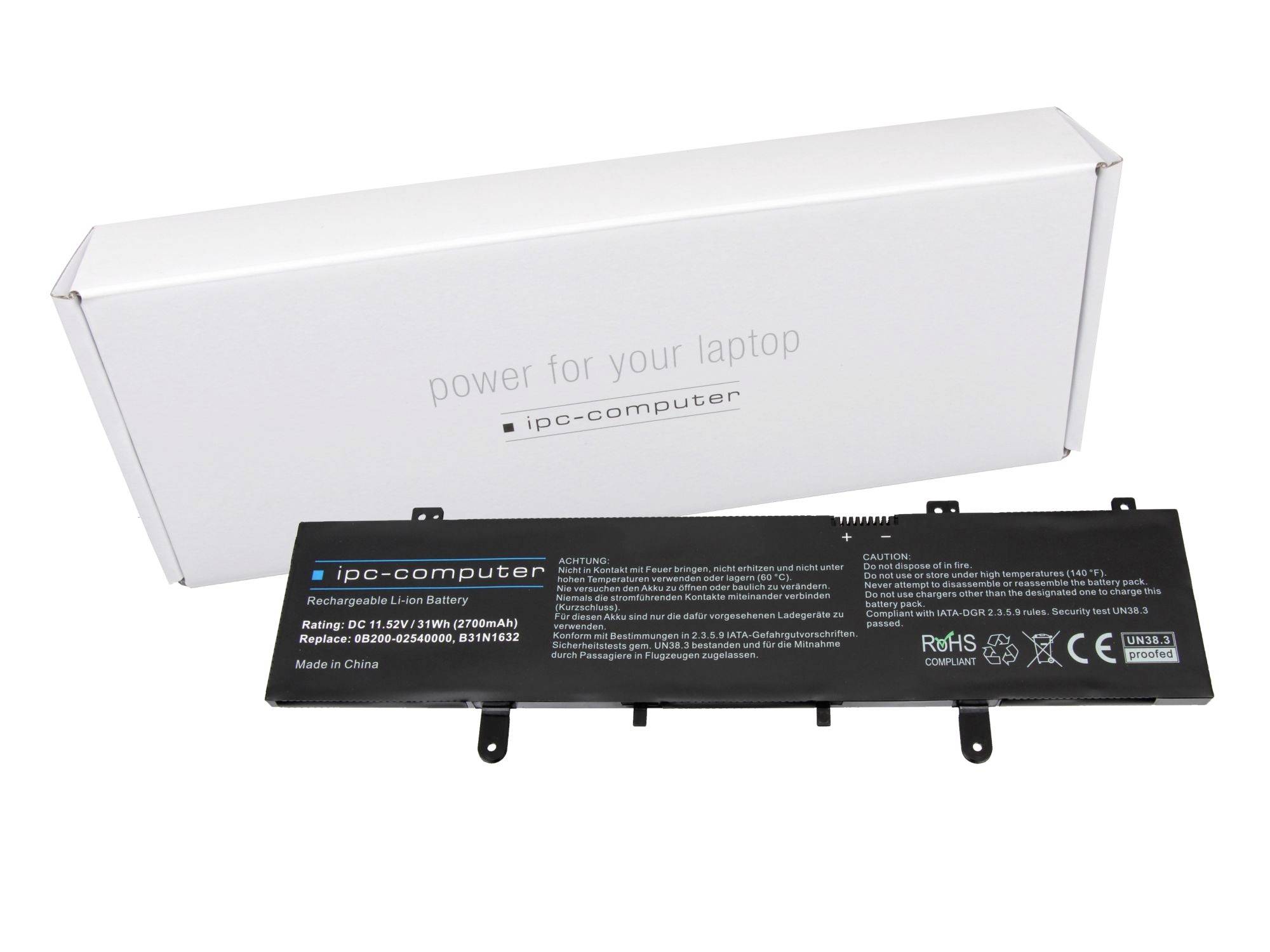 Laptopbatterij met witte retailbox met het label 'power for your laptop' en 'ipc-computer' boven een zwart vervangingsbatterijapack.