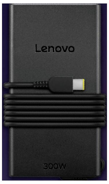 Lenovo 300W stroomadapter met bijgevoegde kabel eromheen gewikkeld.