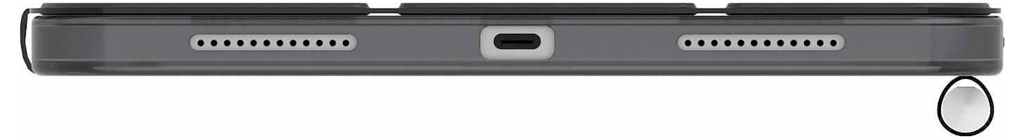 Zijkant van een donkere tablet of laptoprand, met zichtbare luidsprekergrillen, een gecentreerde oplaadpoort in het midden, en een kleine lusaccessoire aan de rechterkant.