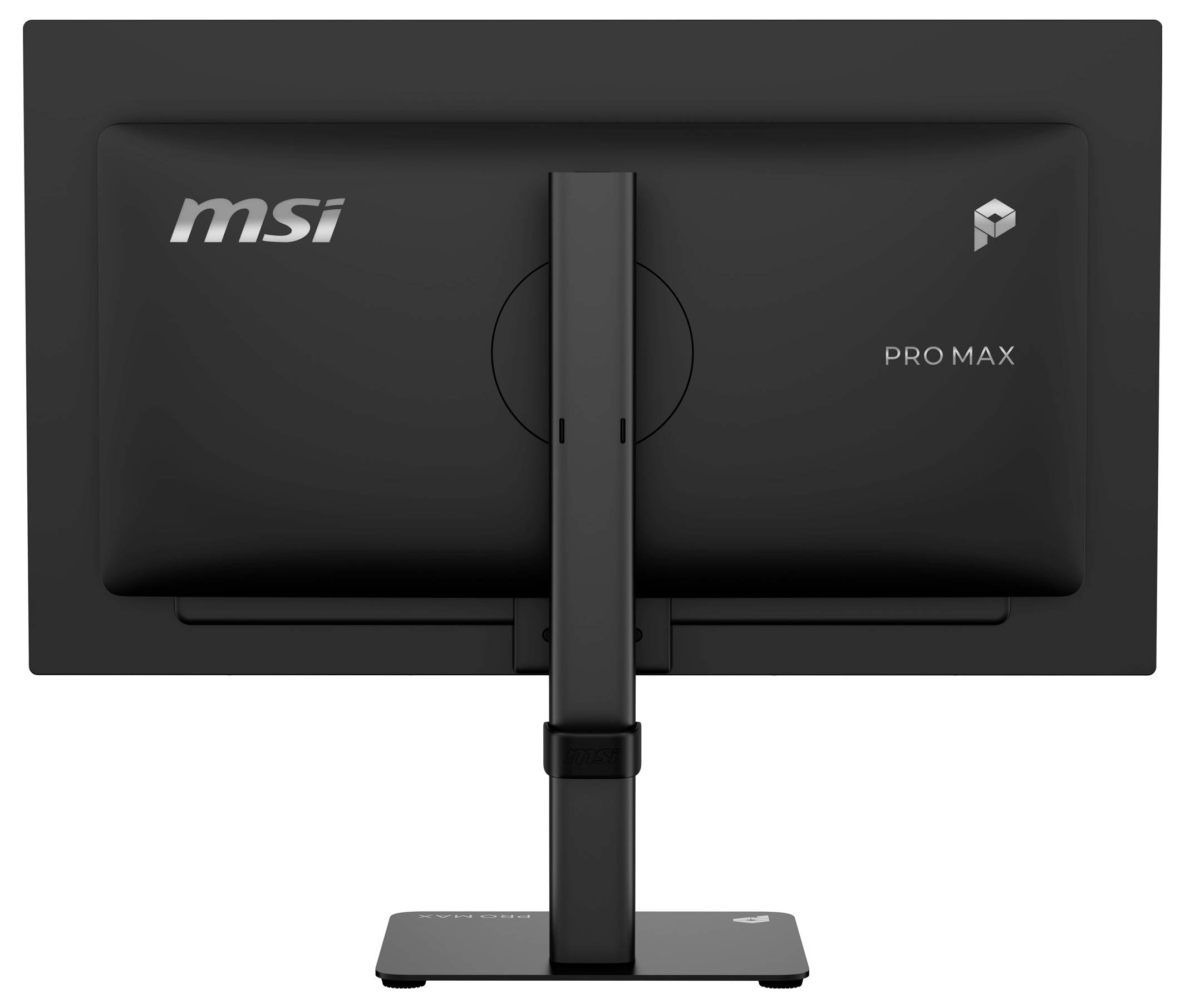 Achteraanzicht van een MSI PRO MAX desktopmonitor op een standaard, met het achterkant en de basis van de monitor zichtbaar.