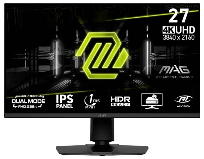 MSI MAG-gamingmonitor op standaard, met een 27-inch 4K UHD IPS-display met 1ms MPRT, HDR-ready en dual-mode 4K 144Hz of FHD 288Hz.