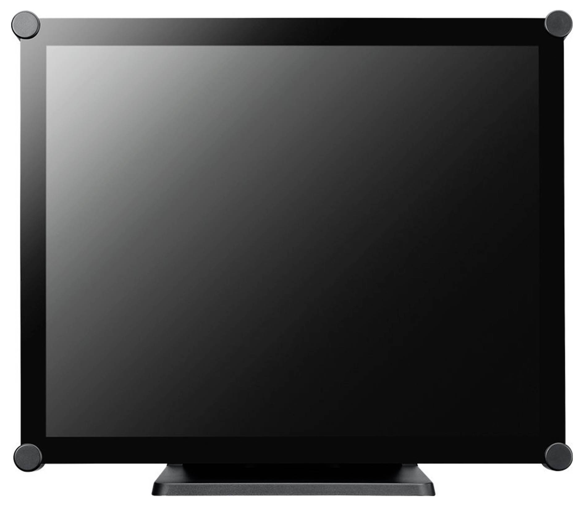 Leeg flatscreen-tv of monitor met een zwart scherm en standaard op een witte achtergrond.
