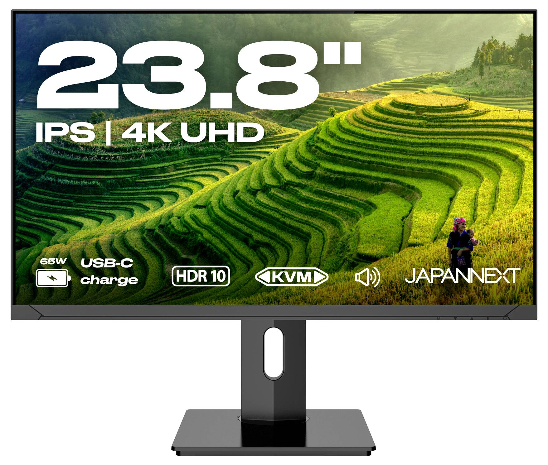 Productafbeelding van een 23,8-inch IPS 4K UHD-monitor met USB-C-opladen, HDR10, KVM en spreakeripictogrammen, met een terrasterend landschapsscherm en JAPANNEXT-branding.