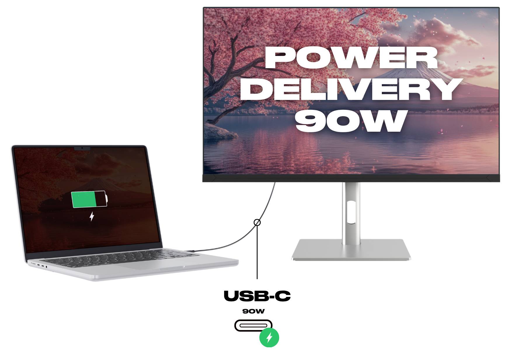 Laptop verbonden via USB-C met een monitor, met op het scherm de tekst 'POWER DELIVERY 90W' en een 'USB-C 90W' laadpictogram eronder, waarin stroomlevering wordt weergegeven.
